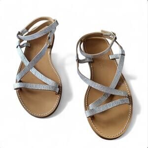J. Crew Flat Strappy Metallic Silver Vachetta Leather Sandals Sz US 7 Made Italy